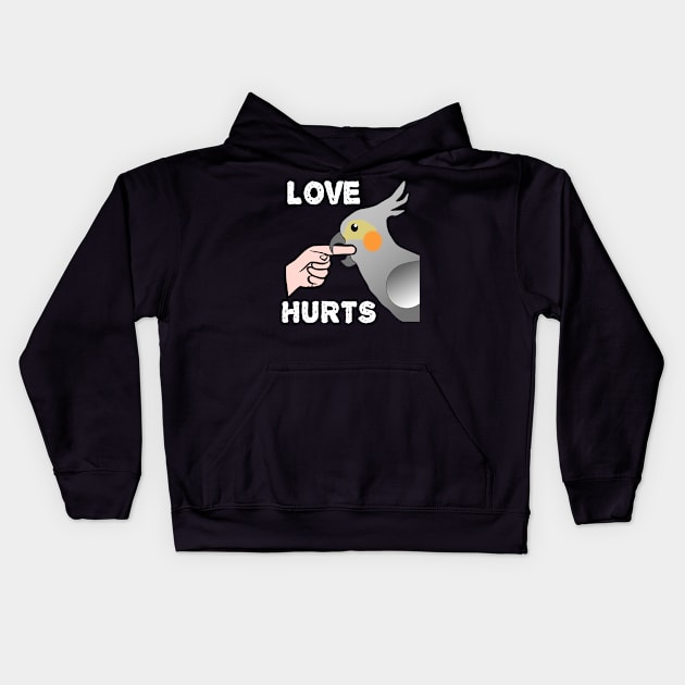 Love Hurts Cockatiel Female Parrot Biting Kids Hoodie by Einstein Parrot